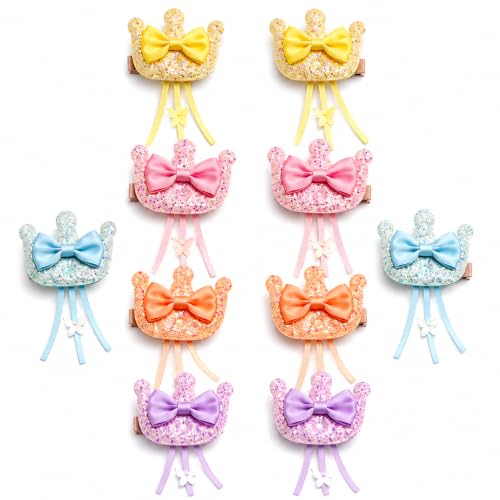 Image of Kids Glitter Crown & Princess Ribbon Alligator Hair Clips, 10 Pcs | Non-slip toddler hair accessories with tassel and storage box. Ideal gift for school, birthday, and princess parties.
