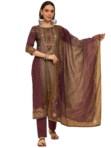 Image of SheWill Kurta Sets for Women - Red Rayon Aari Hand Work with Digital Floral Print Kurta with Pant and Chanderi Dupatta |Stylish Printed Summer Kurti Set