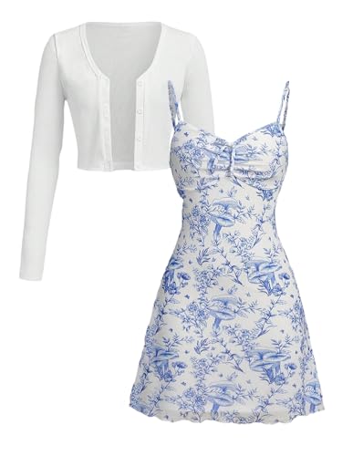 Girl's 2 Piece Outfits Floral Cami Bodycon Dresses and Long Sleeve Bolero Shrugs Cute Clothes