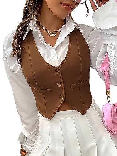 SweatyRocks Womens Solid Button Front Crop Waistcoat V Neck Sleeveless Blazers Vest Tops Brown Small