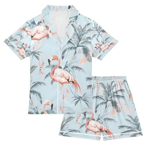 senya Flamingos Palm Trees A Satin Summer Pajama Sets Silk Short Sleeve Button Down Sleepwear