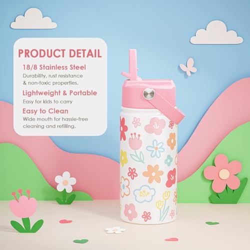 Image of SANDJEST Kids Water Bottle Stainless Steel with Straw Lid, Floral Water Bottle 12oz, Travel Tumbler, Gifts for Girls, Birthday, Christmas, Back To School