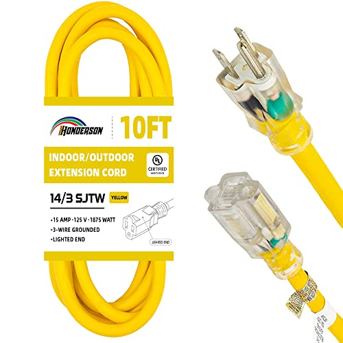 10 Ft Yellow Outdoor Extension Cord Lighted End Weatherproof 14 Gauge
