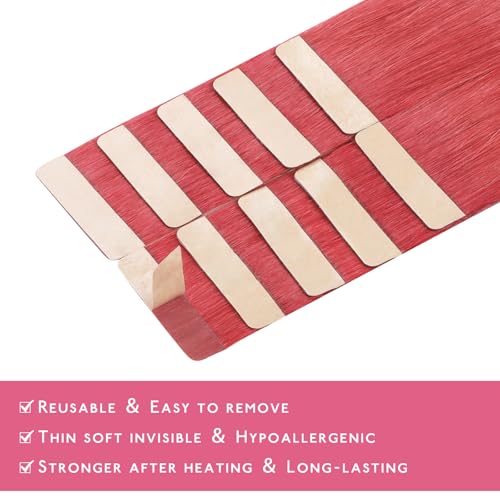 Image of WENNALIFE Tape in Hair Extensions Human Hair Coral Red Tape in Extensions, 10pcs 25g 16 inch Remy Invisible Tape Ins Straight Colored Soft Real Human Hair Tape in Extensions Refill Set Extensions