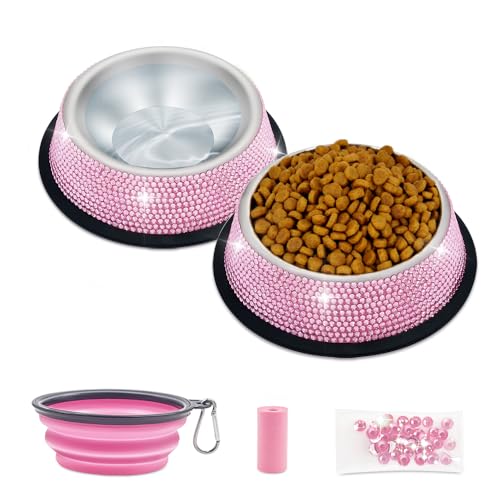 Triumilynn - Ciotole per cani in acciaio inox, con strass rosa, per cibo e acqua di piccole dimensioni, gatti e cani con base in gomma antiscivolo, confezione da 2