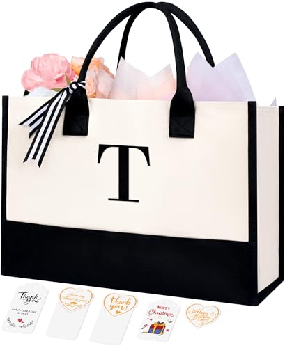 BAGAIL Initial Tote Bag Personalized Birthday Gifts for Women Teacher Friends Mom Wedding Monogrammed Beach Bag(Ivory-1pcs T)