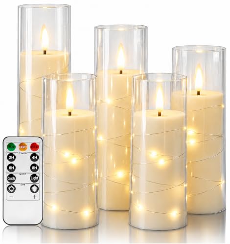 Image of Da by 5 Pack Clear Acrylic Flameless Taper Candles, Flickering Black Wick LED Candles with Copper Wire Lights, Heat Resistant ABS Candles with Remote for Indoor Outdoor Decor