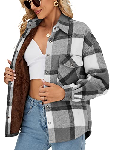 APAFES Women's Winter Warm Sherpa Fleece Lined Jacket Fuzzy Flannel Plaid Shacket Shirt Coats (All Sherpa Lining)