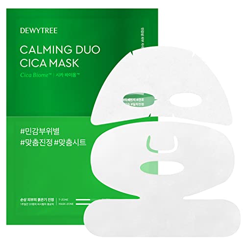 DEWYTREE Calming Duo Cica Anti-Maskne Soothing Face Mask Sheet Pack of 5 - Moisturizing and Calming Tired and Sensitive Skin, With Madecassoside and Probiotics, Redness Relief and Blemish Control
