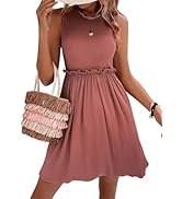 RoseSeek Women's High Waisted Ribbed Knit A Line Dress Sleeveless Crewneck Frill Flare Hem Tank D...