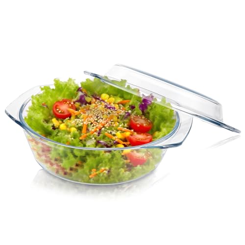 YAYODS Fuente de cristal con tapa, 1000 ml, pequeña redonda, 21,5 cm, para microondas, con tapa, redonda, apta para horno, con asas para ensalada de frutas, carne, microondas