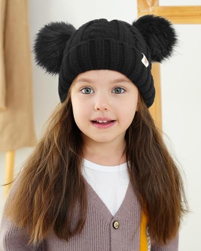 Kids Beanie Satin Lined Winter Beanie Hat for Baby Boy Girl Warm Todders Beanie with Double Pom Pom Ears 1-7 Years2