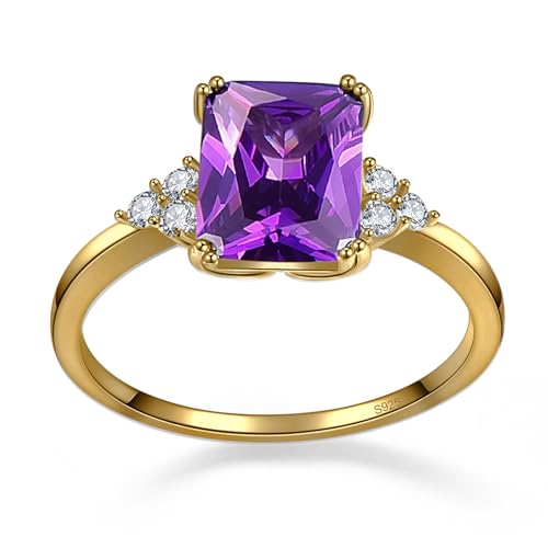 Women's Purple Ring 925 Sterling Silver Amethyst Ring 14K Gold Plated Amethyst Engagement Ring February Birthstone Rings Prong Setting Cubic Zirconia Size 93