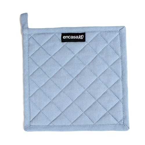 Image of Encasa XO Heat Resistant Cotton Pot Holders with Hanging Loop - Set of 2 - B Grey & Cobalt Blue - Multipurpose Quilted Everyday Hot Pad for Kitchen, Camping, BBQ & Microwave - 21 cm