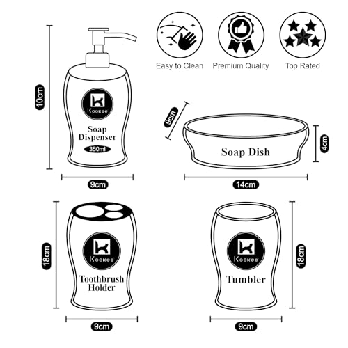 Image of Kookee Ceramic Bathroom Set - Stylish 4 Piece Bath Accessories Kit with Soap Dispenser, Toothbrush Holder, Tumbler & Soap Dish - Modern & Designer Decor, White /Silver /Gold (10102)