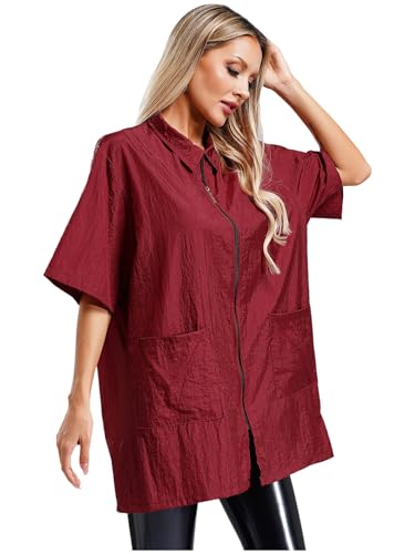 YiZYiF Damen Kittel Berufskleidung Friseur Hundefriseur Schürze Kurzarm Mit Tasche Für Barbier SPA Salon Haustierklinik Burgundy XL