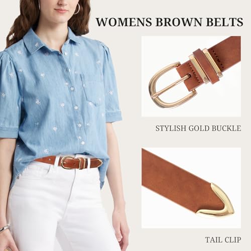 Women Brown Leather Belt Fashion Waist Belts for Jeans Pants Minimalism Casual Ladies Belt with Gold Buckle4