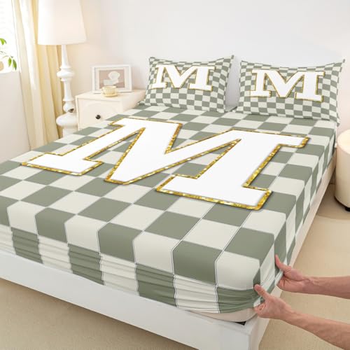 Image of Erosebridal Sage Green Checkered Bedding Set Twin Plaid Initial M Bed Sheets Personalized Monogram Sheet Set Kids Boys Girls,Fashion Grids Gingham Fitted Top Sheets 3 Piece