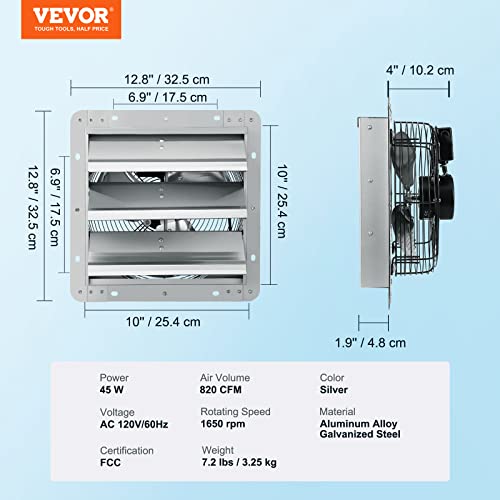 Image of VEVOR 10'' Shutter Exhaust Fan, High-speed 820 CFM, Aluminum Wall Mount Attic Fan with AC-motor, Ventilation and Cooling for Greenhouses, Garages, Sheds, Shops, FCC