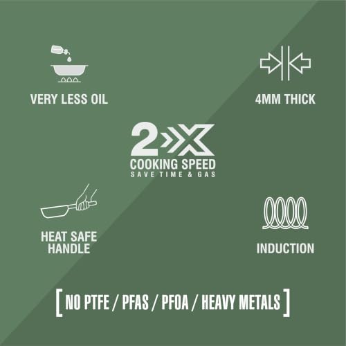 Image of Alda Ceramico 28cm Deep Wok with Glass Lid | Non-Stick Ceramic Kadhai with Dual Wooden Handles | Cream Multipurpose Cooking Pan | Induction & Gas Stove Compatible Cookware