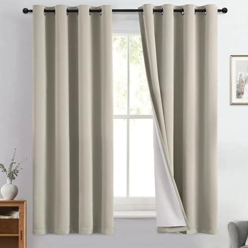 Image of Yakamok Stone Blackout Curtains 63 Inches Long for Bedroom 50 inch Wide 2 Panel | Blackout Curtain Panels for Bedroom, 2 Thick Layers Grommet Top Thermal Insulated Drapes with White Back for Living Room