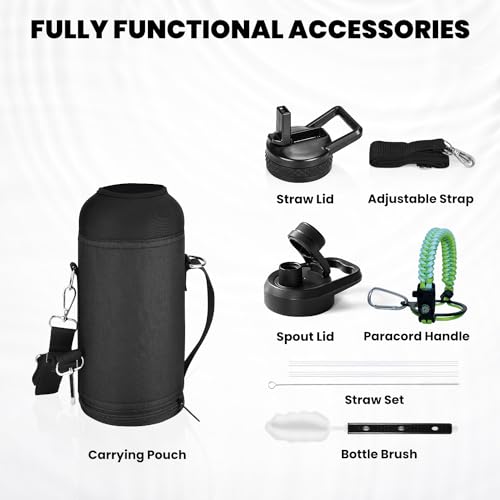 Image of RAYMYLO Insulated Water Bottle 32 oz, Triple Wall Vacuum Stainless Steel (Cold for 24Hrs, Hot for 12Hrs), Leak Proof & Non-BPA, Modern Water Flask Jug with Paracord Handle & Straw Spout Lids