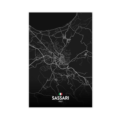 Black And White Map Sassari IT Vintage Travel Cities Posters Wall Art Decor Trendy Modern The World Travel Canvas Art Prints Painting for Living Room Bedroom Home Decor Unframe 12x18inch(30x45cm)