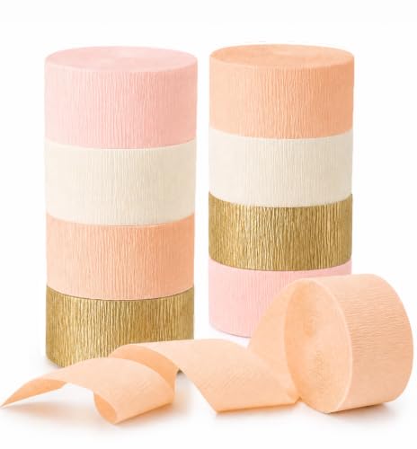 Image of Pink Crepe Paper Streamers 8pcs Pack of Pink Peach Ivory White Gold Crepe Paper Streamers for Birthday Gender Reveal Baby Shower Graduation Bachelorette Party Decorations