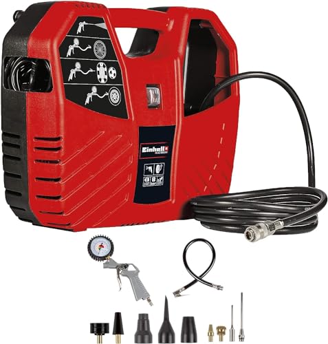 Einhell Compresor de maletín TC-AC 180/8 OF (1100 W, 180 L/min, 8 bar, incl tubo de aire comprimido de 3 m, pistola de soplado, inflador de neumáticos y un juego de 8 piezas de adaptadores)