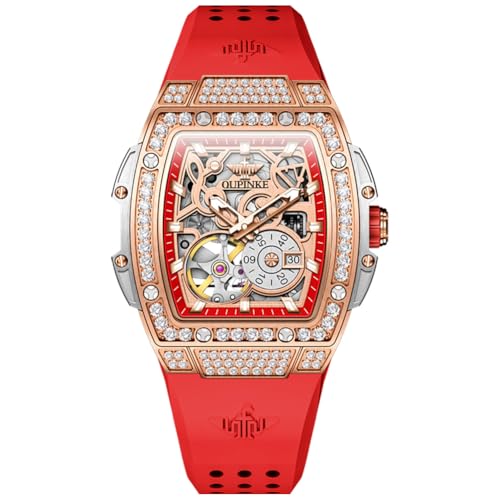 Image of OUPINKE Automatic Womens Watches Luxury Diamonds Hollow Skeleton Square Ladies Watches Soft Silicone Strap Fashion Dress Rose Gold Female Watch Waterproof