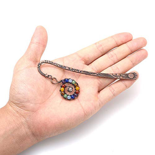 Crystaltears Metal Bookmark-Vintage Bronze Star Sun Moon Rune W/ 7 Chakra Beaded Spiral And Tree Of Life Charms Pendant (2Pcs) #TOP2