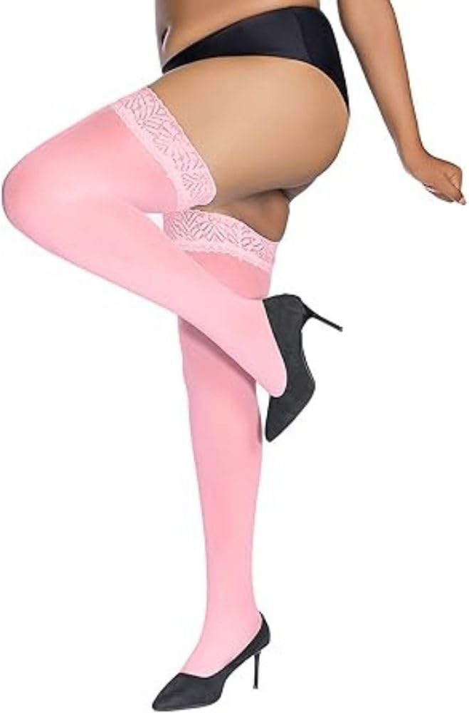 Women & Girls Plus Size Nylon Ultra-Thin High-Leg Lace Thigh High Stocking Tights (Pink)-STK521-image-34