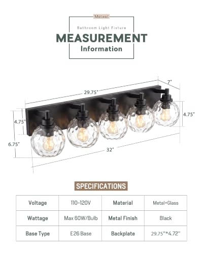 Image of 5-Light Black Bathroom Vanity Light, Hammered Glass Globe Shade | 32 Inch matte black modern bathroom light fixture over mirror, UL listed, E26 bulbs, hardwired, upward only, VL200-MB-CL-5