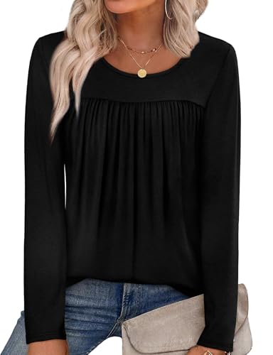 WIHOLL Long Sleeve Shirts for Women Pleated Fall Tops Crewneck Casual Tunic Tops to Wear with Leggings Fashion Clothing4