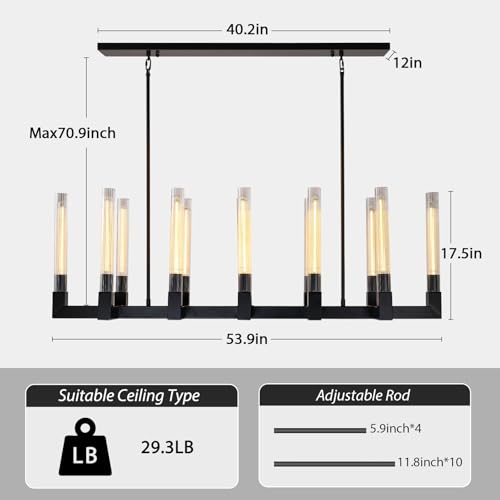 54 Inch Black Rectangular Chandeliers for Dining Room,12-Lights Modern Farmhouse Chandelier with Knurled Glass Tube,Black Copper Linear Chandeliers Dining Room Over Table Kitchen Island Pendant Light