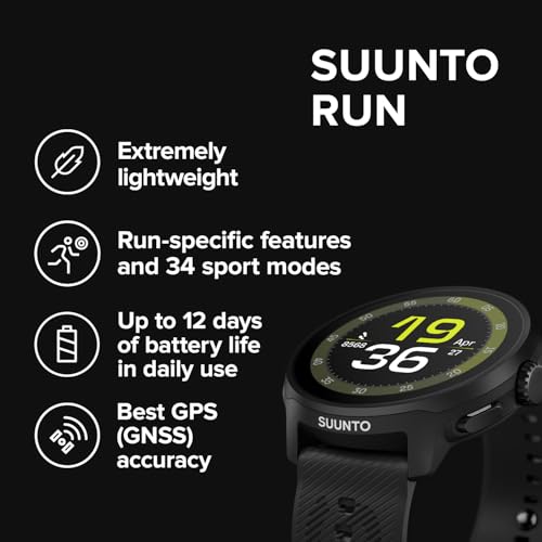 Image of SUUNTO Run Running GPS Sports Watch with Silicone Strap, 1.32 inch AMOLED Touchscreen w /Crown Button, Wrist Heart-Rate & Sleep Health Tracking, Black