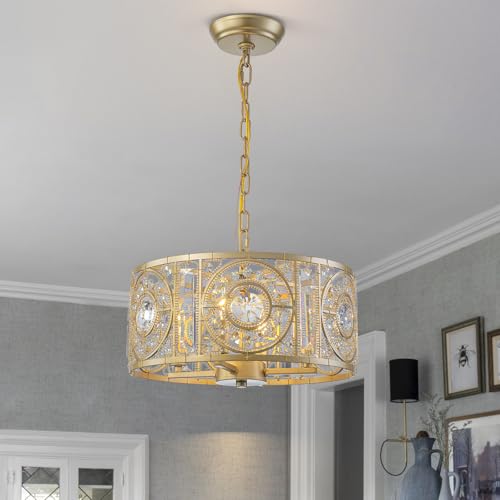 Image of Vintage Crystal Round Chandelier 14.17 inch Gold Dining Room Chandelier Over Table 4-Lights Classic Drum Pendant Light Fixture for Living Room Kitchen Island Entryway.