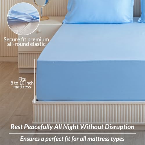 Image of HOMEMONDE Cotton 210TC Solid Fitted Bedsheet for King Bed Soft Premium Fitted Bedspread with 2 Pillowcases (78 x 78 Inches, Sky Blue) | Perfect for Home Decor & Gifting