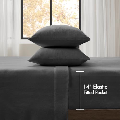 Image of True North by Sleep Philosophy Micro Fleece Bed Sheet Set, Warm, Sheets with 14 inch Deep Pocket, for Cold Season Cozy Sheet-Set, Matching Pillow Case, Cal King, Black, 4 Piece