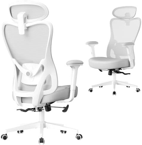 Songmics Silla de Oficina Ergonómica con Reposacabezas y Soporte Lumbar Ajustables, Gris Paloma