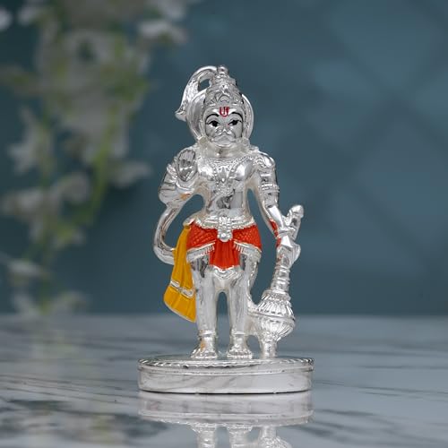 Image of Idolkart Premium Silver-Plated Hanuman Idol (4 inch) with Pure Silver Coating - Hanuman Ji for Car, Hanuman Murti for Car Dashboard, Lord Hanuman Idol for Car Dashboard and Home Decor, Idol