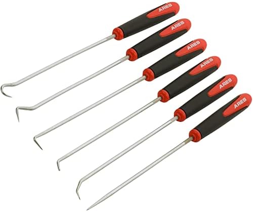 ARES 10035 – Extra Long Precision Hook and Pick Set - 6-Piece Set Includes Angled, Straight, and Full Hooks and Picks - Hardened Steel Shafts - Easily Remove Hoses, O-Rings, and Gaskets