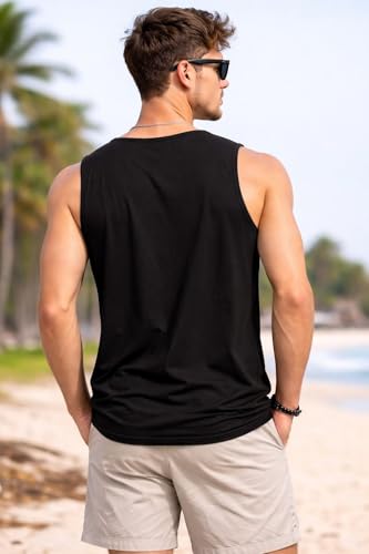 Image of Men Sleeveless Tank Top Athletic Gym Vest Round Neck Inner Fit Cotton Blend Workout Under Wear for Training Fitness Sports Casual Use Black