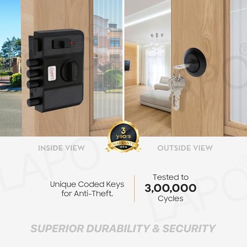 Image of LAPO Penta Lock with Keyed Entry, 4-Bolt Security, Privacy Lock & Large Interior Knob - for Single, Double & Sliding Doors, Left or Right-Handed, Black Finish,3 Years Warranty