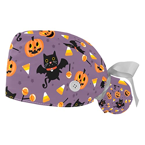 DEYYA 2 Packs Adjustable Working Caps, Bouffant Hat with Buttons, Stretchy Band Tie Back Scrub Hats for Women Men Deer Skull Black Background, Multicoloured 10, Medium-3X-Large