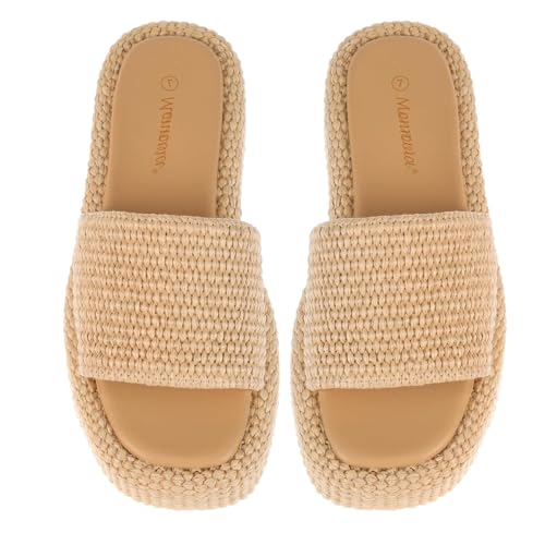 Image of Monrovia Platform Sandals Women Raffia Espadrille Slides, Woven Straw Flatform Beach Sandals Women, Slip On Summer Vacation Shoes, Comfortable Casual Daily Wear