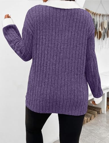 Image of Koscacy Women Plus Size Casual Knit Sweater Lapel V Neck Solid Color Tops Lightweight Long Sleeve Blouses