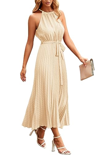 PRETTYGARDEN Women's Summer Casual Long Dress Sleeveless Halter Neck Swiss Dot Pleated Beach Maxi Sun Dresses (Apricot,Large)