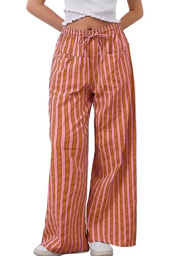 MISSACTIVER Women Drawstring Striped Pants Loose Wide Leg Trousers Casual Low Waist Pants Comfy Lounge Pants with Pockets