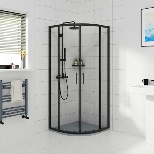 NRG 800 x 800mm Quadrant Shower Enclosure Sliding Door 6mm Easy Clean Glass Black Profile with Anthracite SMC Shower Tray